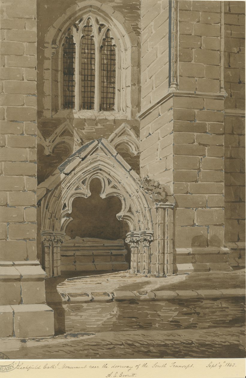 Catedral de Lichfield - transepto sul: desenho em sépia vermelho, 9 de setembro de 1842 de Allen Edward Everitt