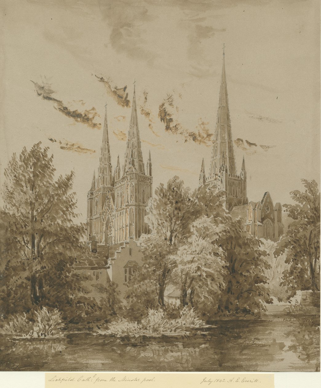 Catedral de Lichfield - Sudoeste Vista: desenho em sépia, julho de 1842 de Allen Edward Everitt