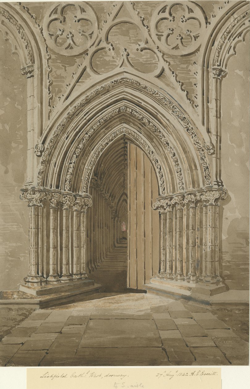 Catedral de Lichfield - entrada oeste: desenho em sépia vermelho - marrom, 27 de agosto de 1842 de Allen Edward Everitt