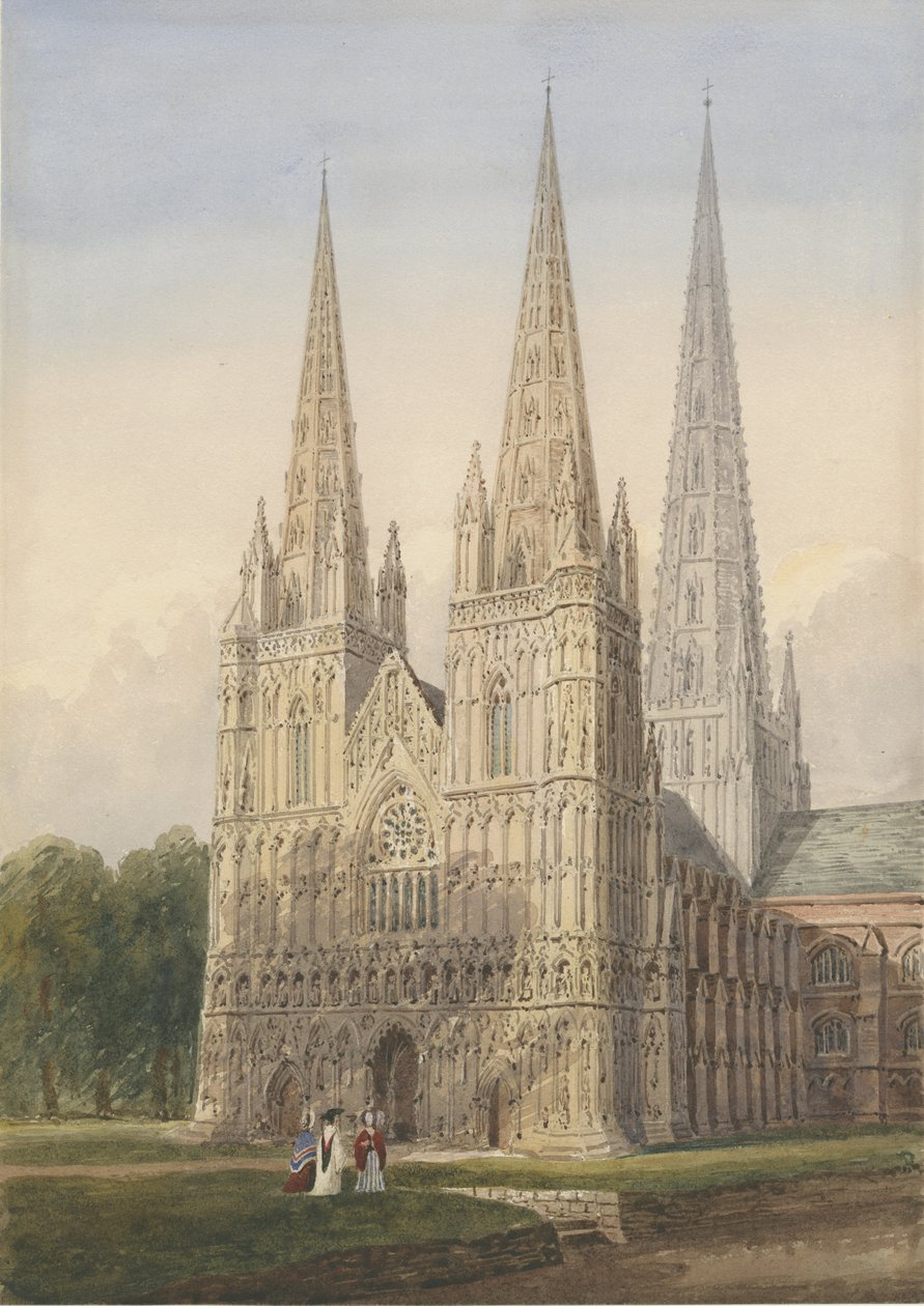 Catedral de Lichfield - Frente oeste: pintura em aquarela, nd [6 de setembro de 1842] de Allen Edward Everitt