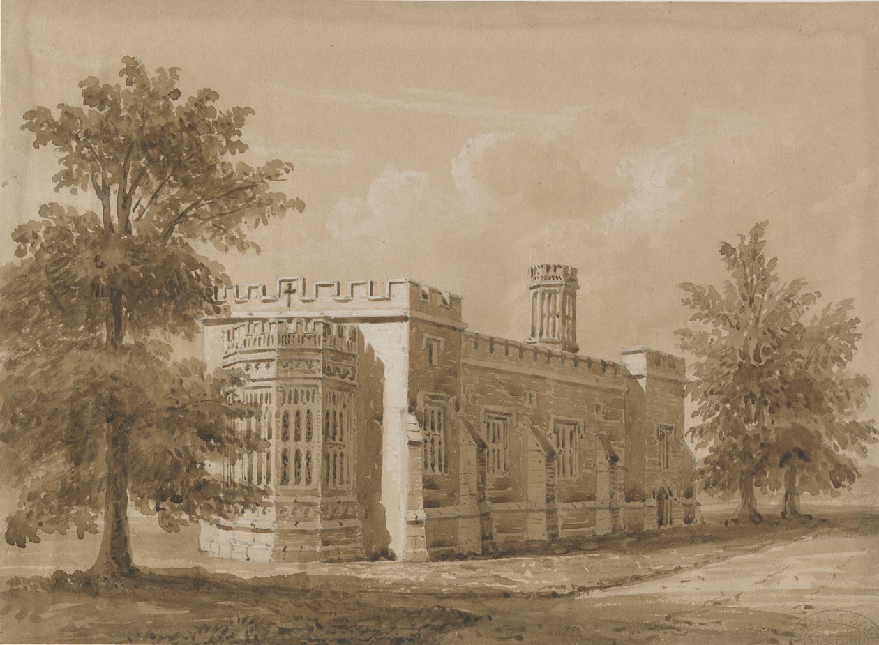 Tixall - Capela no Tixall Hall: desenho em lavagem sépia vermelha, nd [julho de 1842] de Allen Edward Everitt