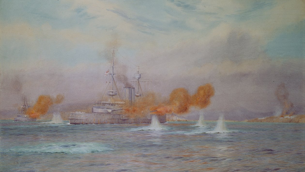 HMS Albion comandado pelo capitão A. Walker-Heneage completando a destruição dos fortes exteriores dos Dardanelos em 1915, 1925 de Alma Claude Burlton Cull