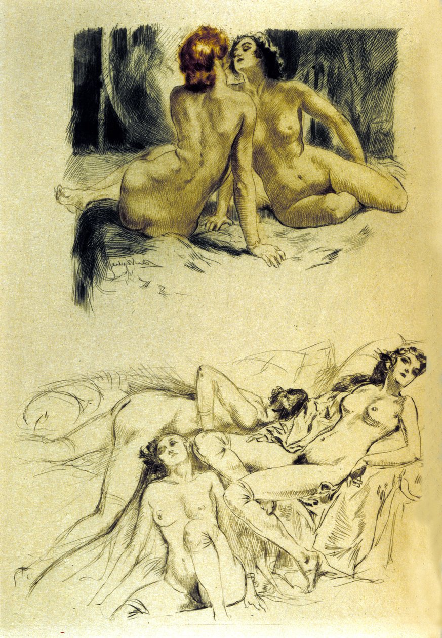 Ilustração de "Femmes damnees" em "Les fleurs du mal" do poeta francês Charles Baudelaire (1821-1867). Eau forte de Almery Lobel-Riche (1880-1950). Século XX de Almery Lobel Riche