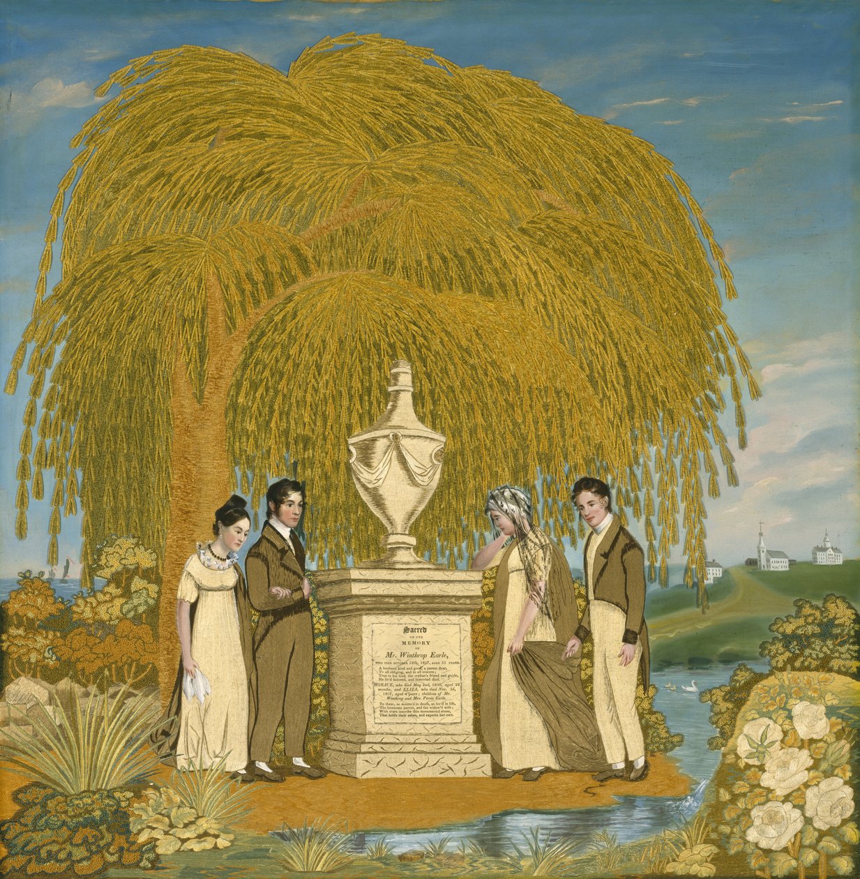 Imagem bordada memorial, c. 1815-1820 (tafetá de seda, fios de seda e chenille de seda e aquarelas) de Almira attr.to Earle