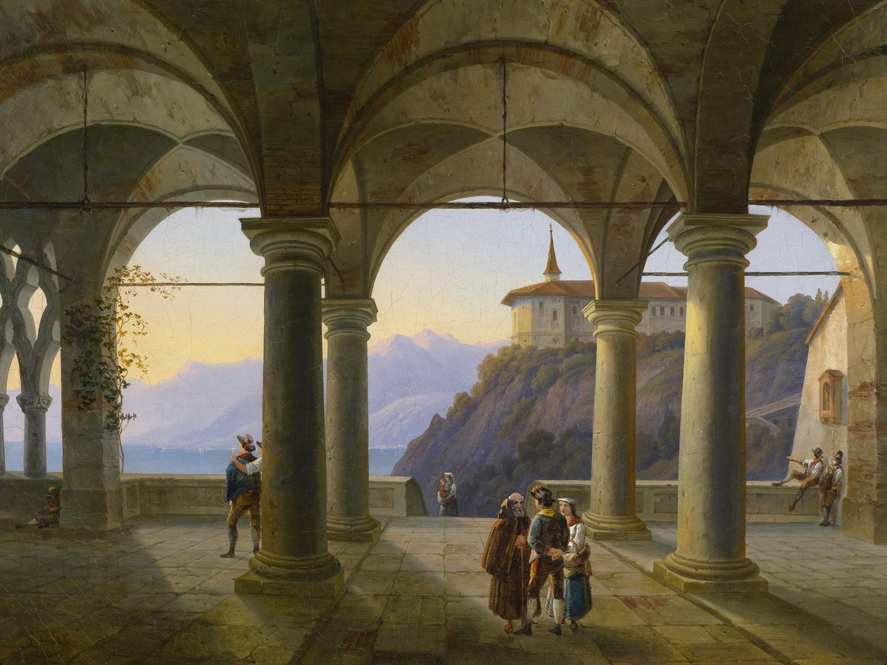 Terraço de pilares com pessoas e vista para um lago de montanha de Alois Gustav Schulz