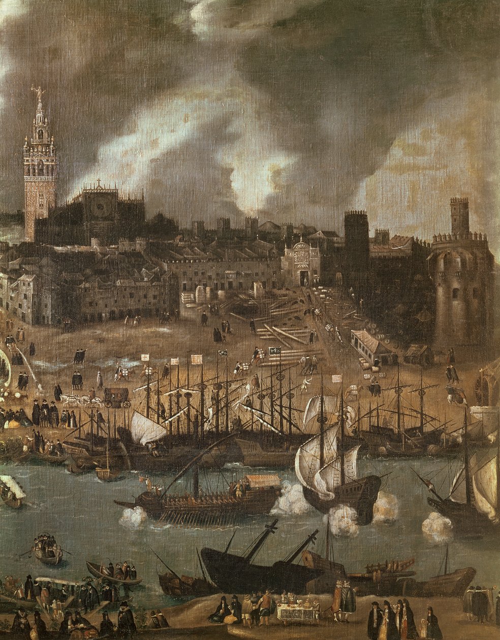 Uma expedição partindo de Sevilha para a América em 1498 (detalhe) de Alonso Sánchez Coello