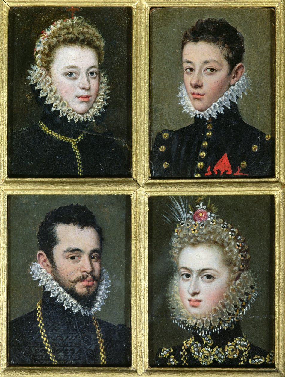 Retrato de dois homens e duas mulheres (óleo no cartão) de Alonso Sánchez Coello