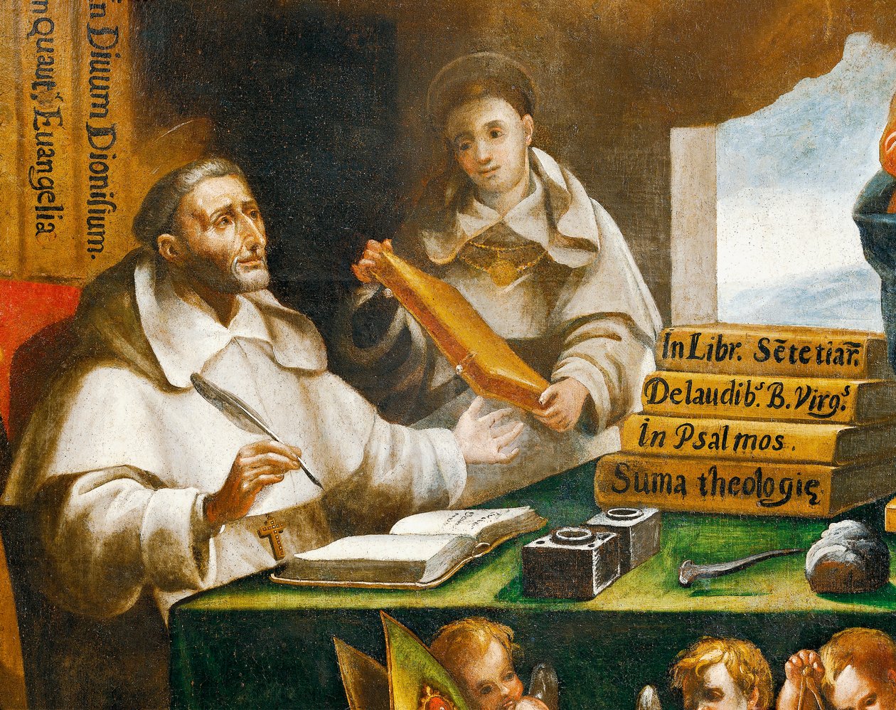 Santo Alberto Magno e São Tomás de Aquino, detalhe, São Paulo aparece a Santo Alberto Magno e São Tomás de Aquino, de Alonso Antonio Villamor (1661-1729). Convento de San Esteban, Salamanca. de Alonso Antonio Villamor