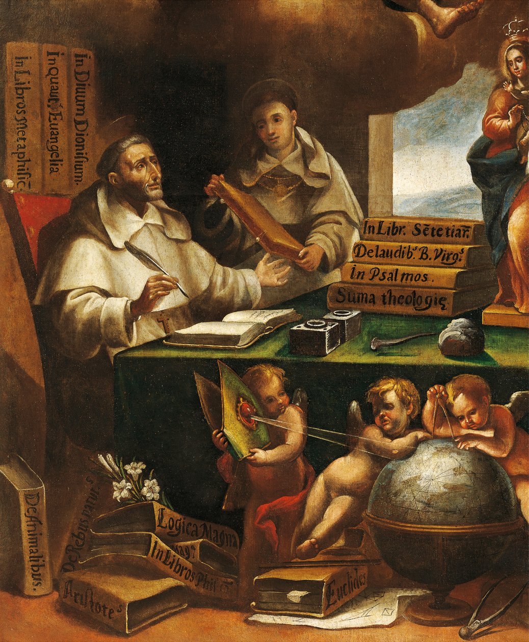 São Alberto o Grande e São Tomás de Aquino, detalhe, São Paulo aparece a São Alberto o Grande e São Tomás de Aquino, por Alonso Antonio Villamor (1661-1729) . Convento de San Esteban, Salamanca. de Alonso Antonio Villamor