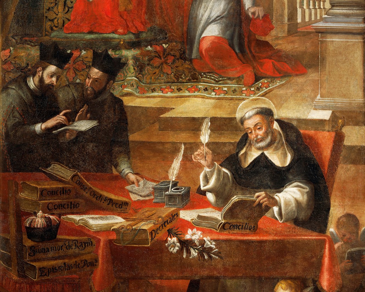 Dois jesuítas conversando enquanto São Raimundo escreve o Concílio, detalhe de São Raimundo de Penafort, conselheiro do Papa Gregório IX, de Alonso Antonio Villamor (1661-1729). Do Convento de St Esteban, Salamanca, Espanha. de Alonso Antonio Villamor