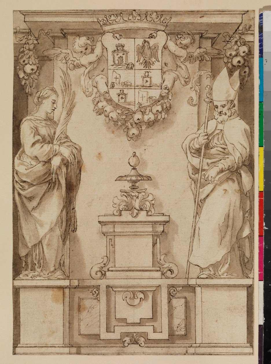 Design para uma página de rosto com dois santos em pedestais e uma brasão imaginária da Espanha, século XVII de Alonso Cano
