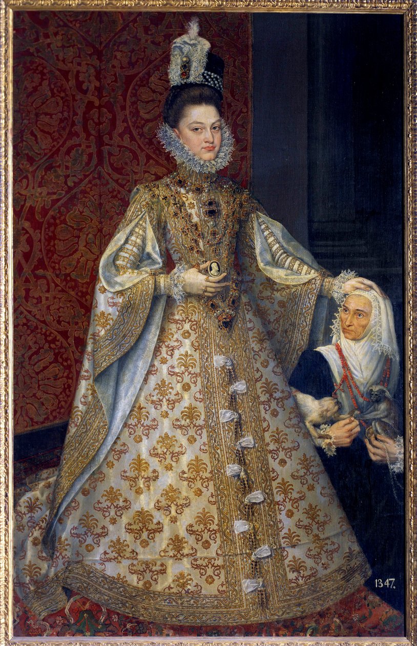 Retrato no pé do Infante de Espanha Isabelle Clara Eugenie de Habsburg, soberana dos Países Baixos e Magdalena Ruiz Pintura de Alonso Sanchez Coello (1531-1588) Sol. 1,29 X 2,07 m. 1585. Madrid. Musee du Prado - Retrato completo do Menino de Alonso Sánchez Coello
