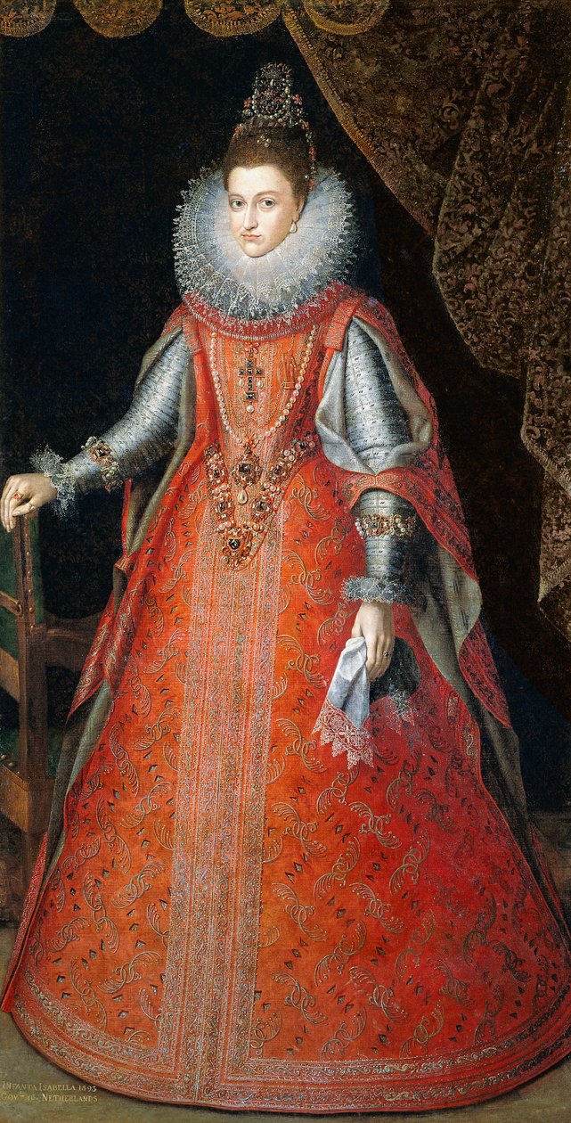 Retrato da infanta Isabella Eugenia, de corpo inteiro, vestindo um vestido de brocado, 1593 de Alonso Sánchez Coello