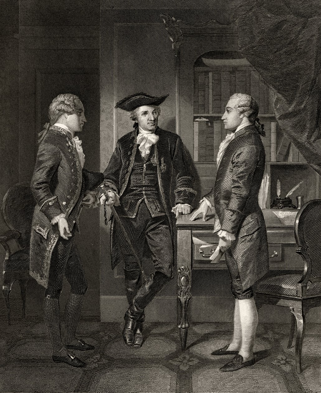 Barão de Kalb (centro) apresentando Lafayette a Silas Dean, de &39;Life and Times of Washington&39;, Volume I, publicado em 1857 de Alonzo Chappel