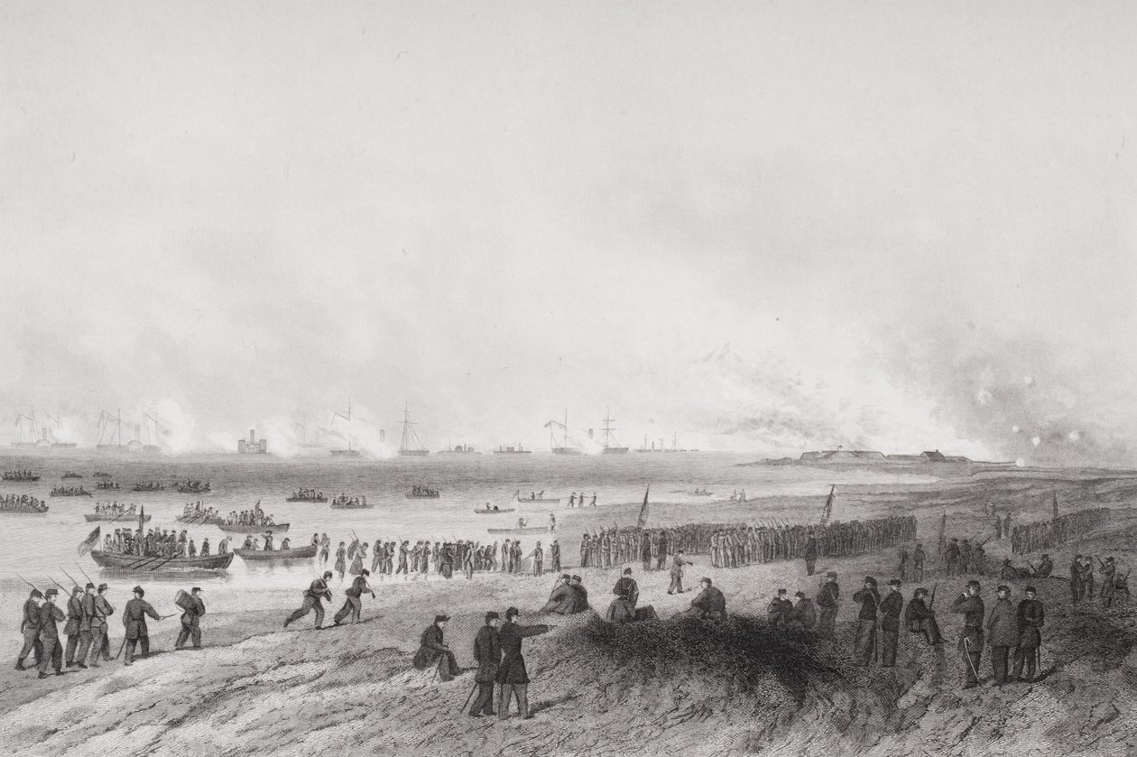 Pousando as tropas durante o bombardeio de Fort Fisher, Carolina do Norte 1864 de Alonzo Chappel
