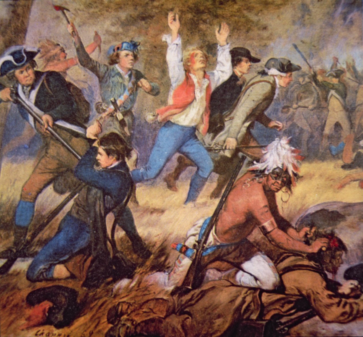 O Massacre do Vale do Wyoming em julho de 1778 (cor litho) (detalhe) de Alonzo (after) Chappel