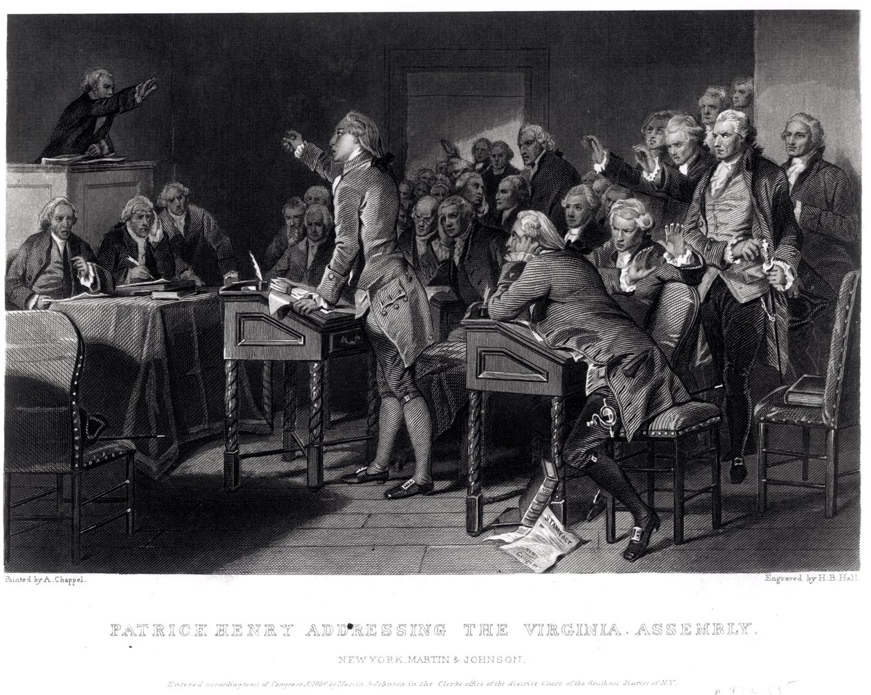 Patrick Henry dirigindo-se à Assembléia da Virgínia, em março de 1775, gravado por Henry Bryan Hall (1808-1884), 1856 de Alonzo Chappel