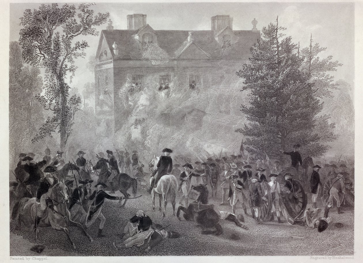 A batalha de Germantown em Chew House em 1777, gravada por Robert Hinshelwood (1812-c.75) c.1860 de Alonzo Chappel