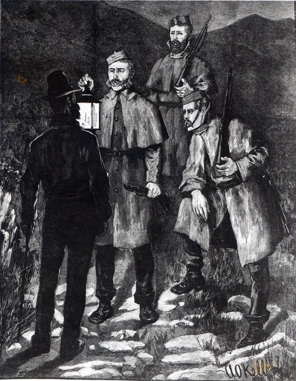 O Estado da Irlanda: patrulhamento policial desafia um suspeito, de "The Illustrated London News", c.1880 de Aloysius C. O