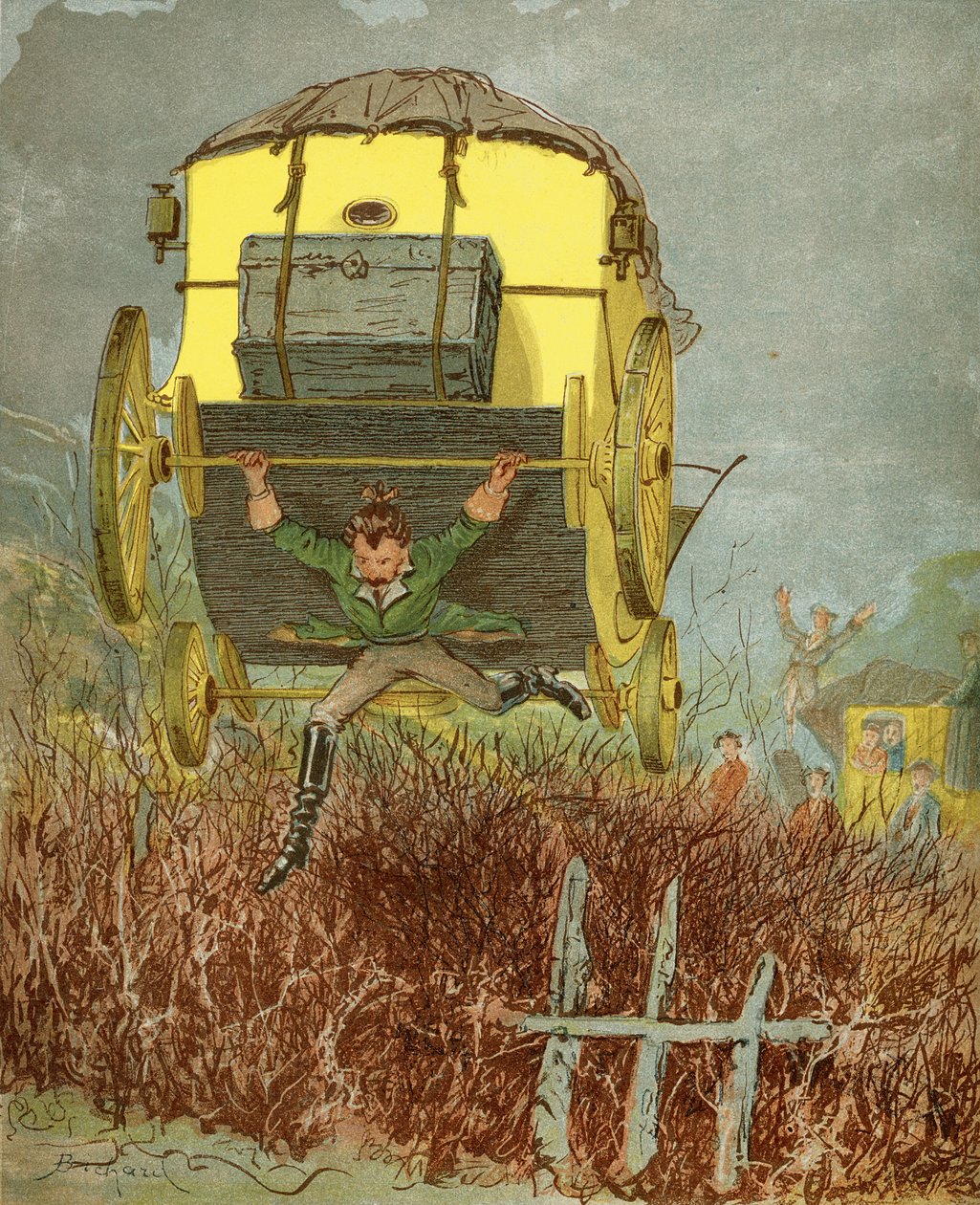 Barão Munchausen carrega sua carruagem em uma estrada estreita, de "As Aventuras do Barão Munchausen" por Rudolf Erich Raspe (1736-94) publicado c.1886 de Alphonse Adolphe Bichard