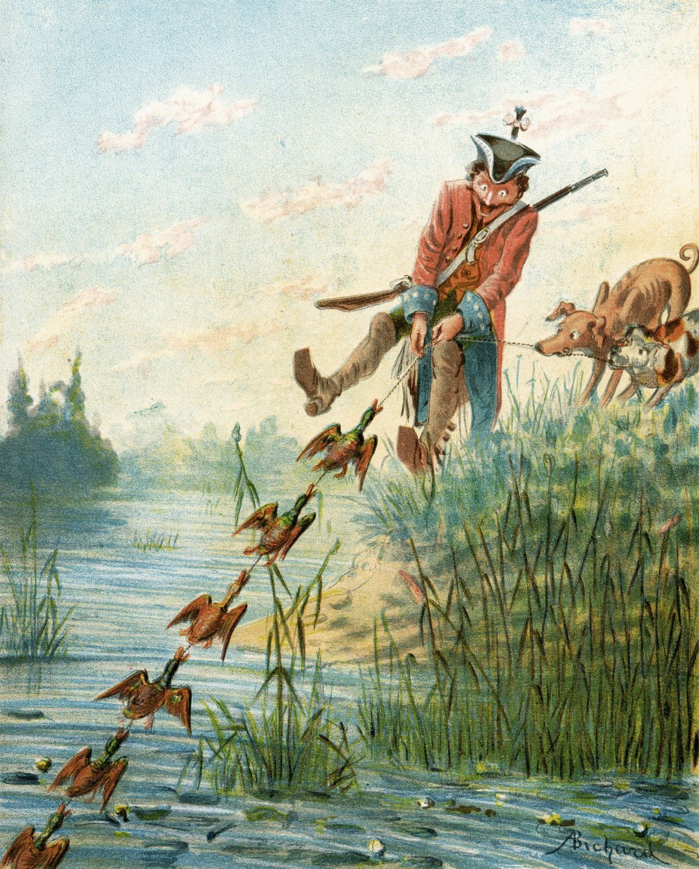 Barão Munchausen pegando patos com gordura de bacon, de &39;As Aventuras do Barão Munchausen&39; de Rudolf Erich Raspe (1736-94) publicado em 1888 de Alphonse Adolphe Bichard