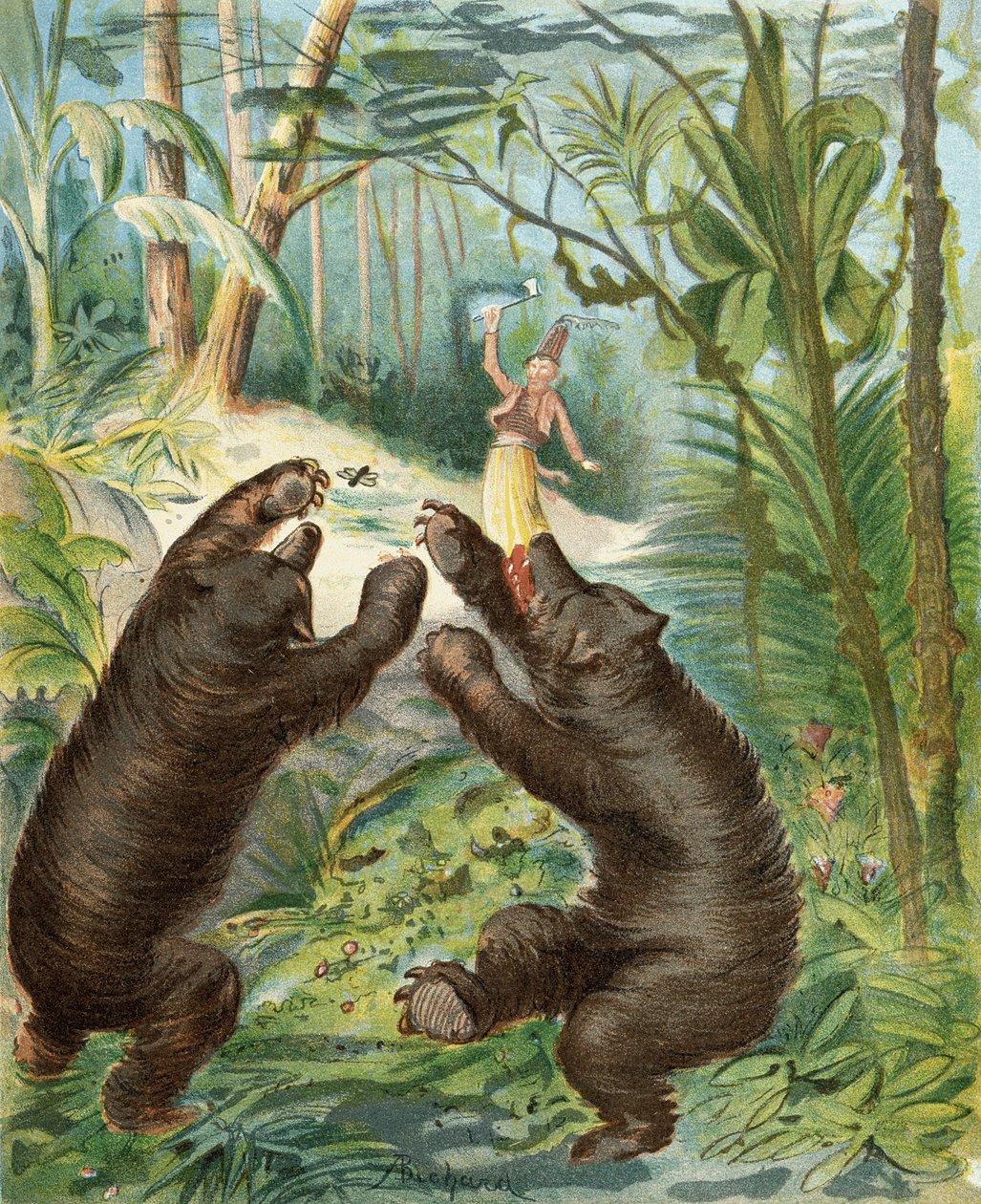 Barão Munchausen joga sua machadinha de prata para os ursos, de "As Aventuras do Barão de Munchausen" por Rudolf Erich Raspe (1736-94), publicado em 1888 de Alphonse Adolphe Bichard