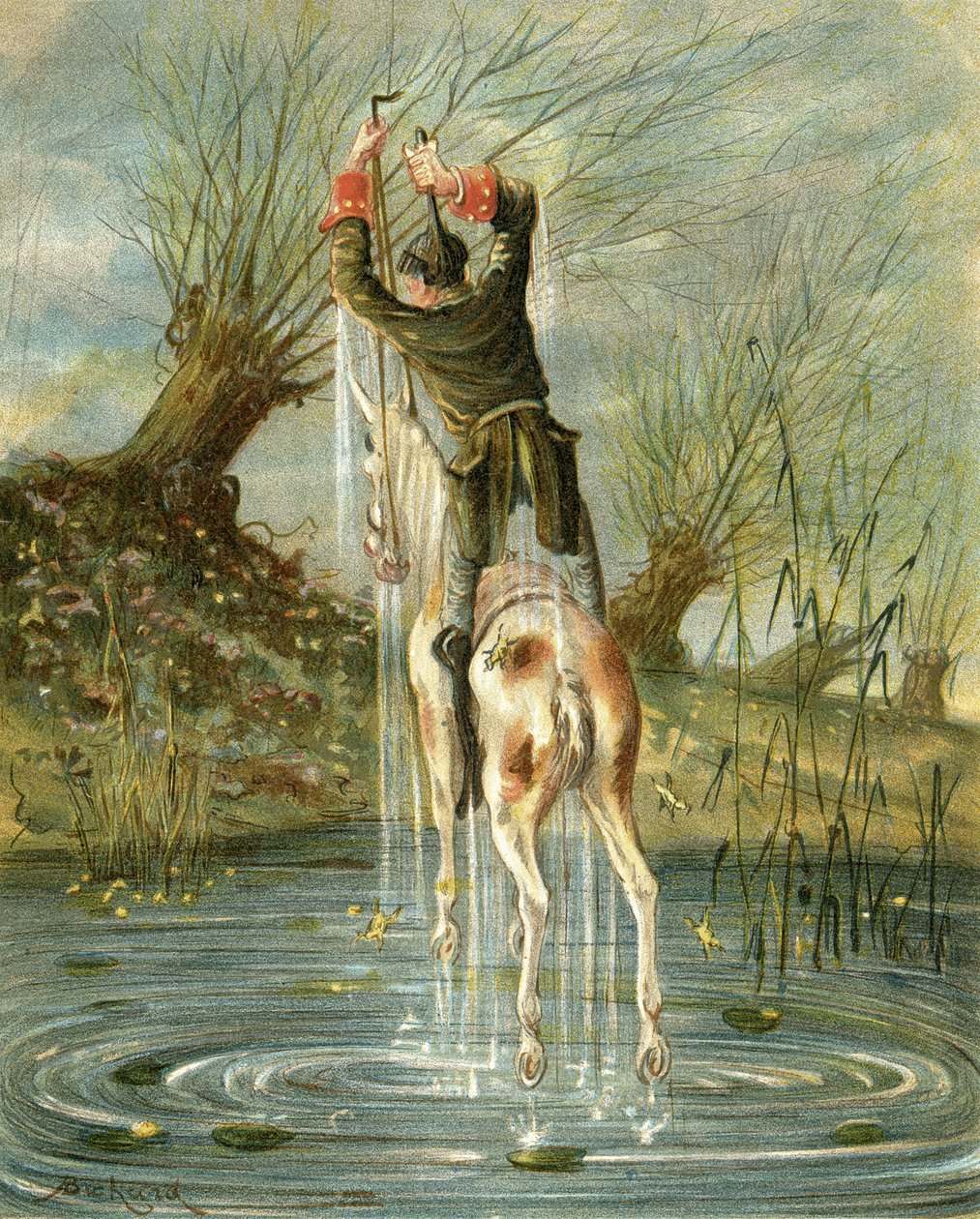 O notável salto do Barão Munchausen, de "As Aventuras do Barão Munchausen", de Rudolf Erich Raspe (1736-94), publicado em 1888 de Alphonse Adolphe Bichard
