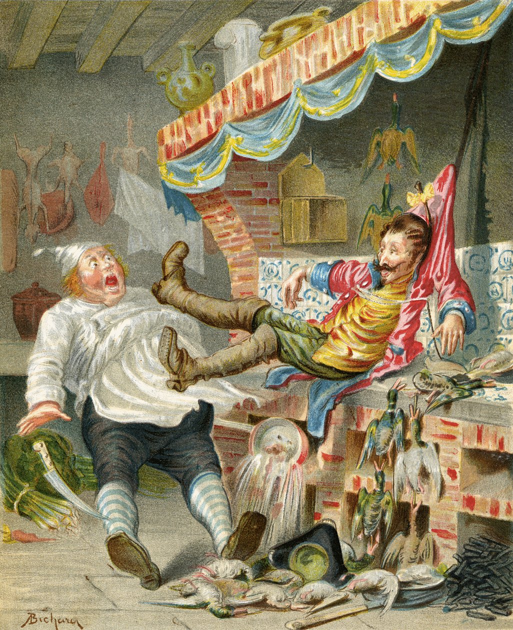 Voo com patos pela chaminé, de "As Aventuras do Barão de Munchausen", de Rudolf Erich Raspe (1736-94), publicado em 1888 de Alphonse Adolphe Bichard