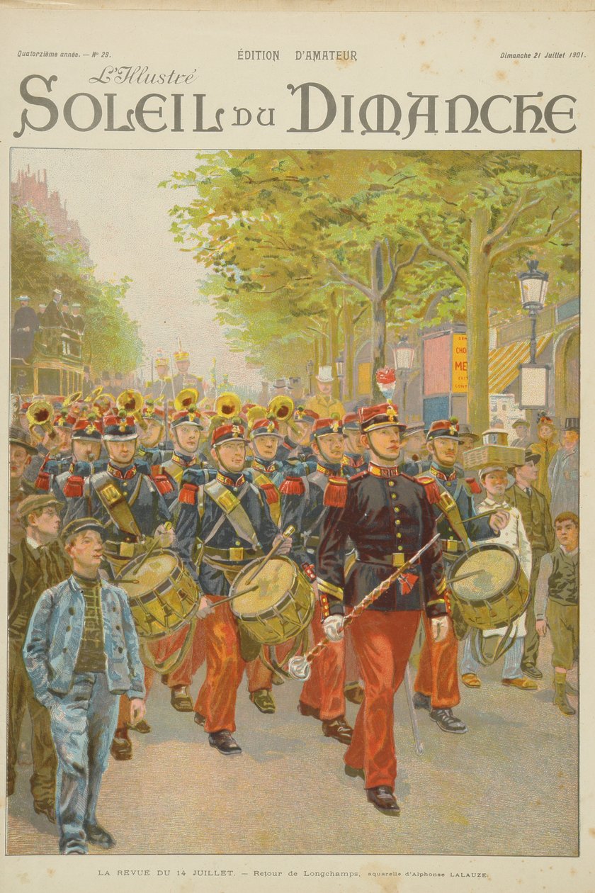 Revista de 14 de julho, ilustração da capa de &39;Soleil du Dimanche&39; 21 de julho de 1901 de Alphonse Lalauze