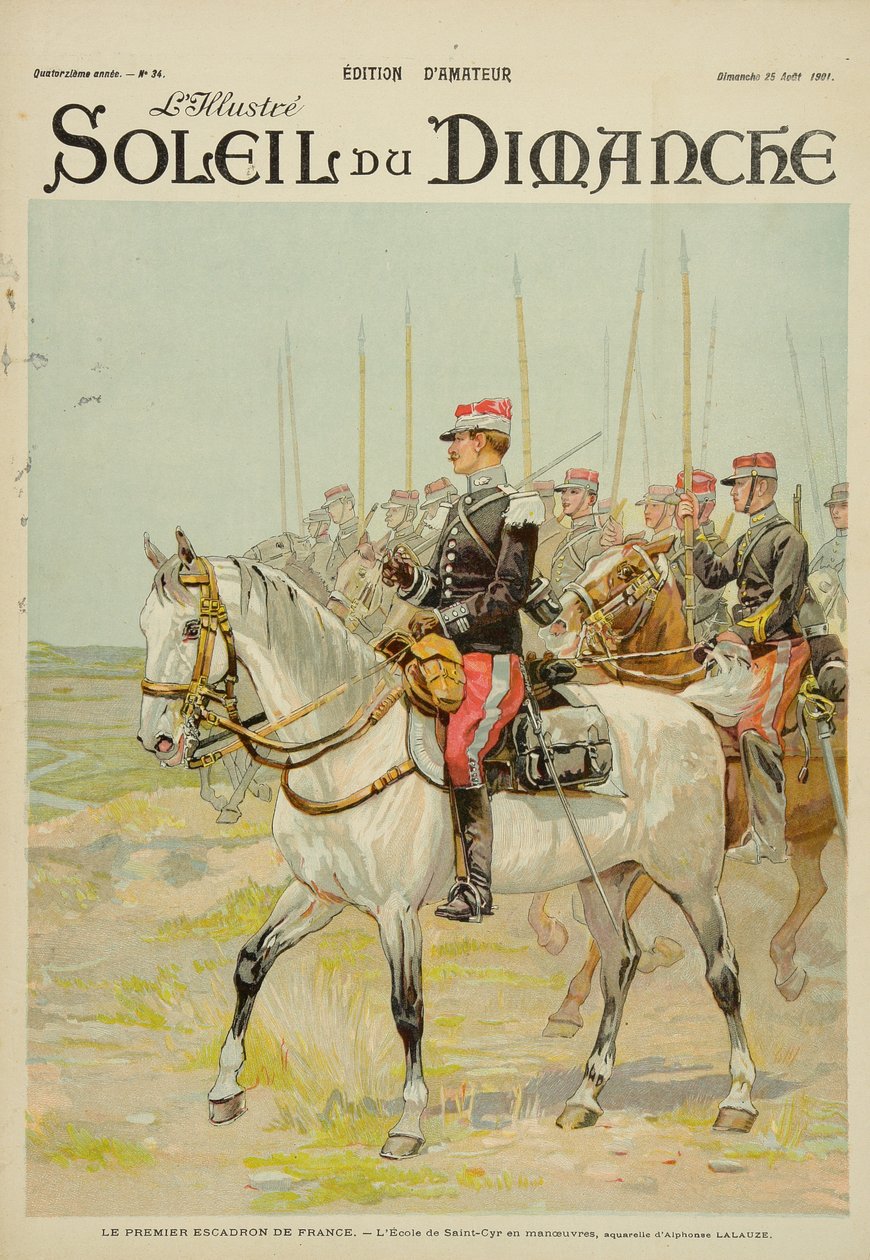 O Primeiro Esquadrão da França, manobras escolares de Saint-Cyr, ilustração da capa de &39;Soleil du Dimanche&39; 25 de agosto de 1901 de Alphonse Lalauze