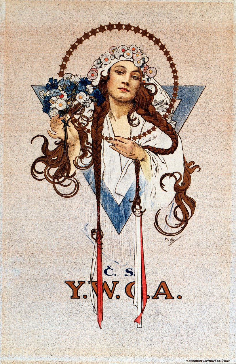 Cartaz Checoslovaco YWCA para a Associação Cristã de Jovens Mulheres YWCA na Checoslováquia Litografia por Alphonse Mucha (1860-1939) 1922 Dim 54x82 cm Coleção particular de Alphonse Mucha