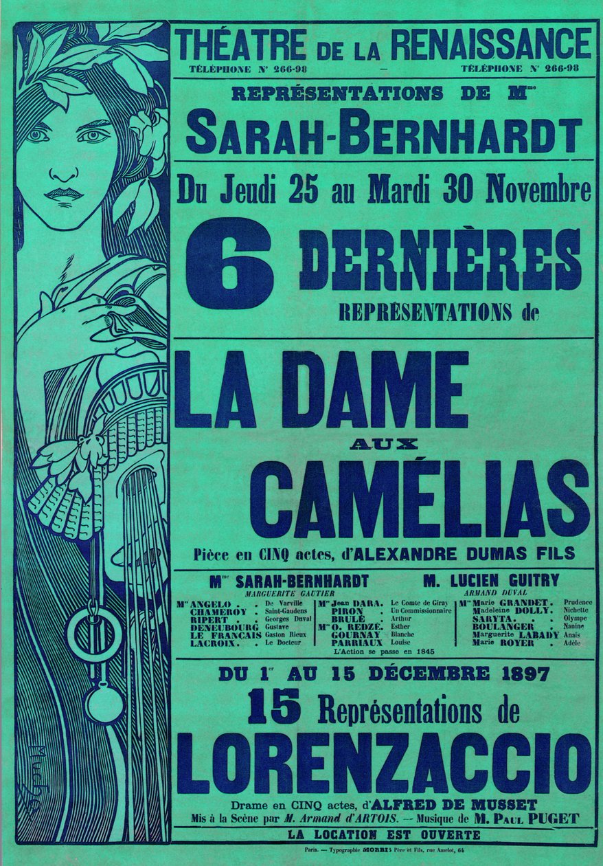 Cartaz publicitário The Lady with Camelias de Alexandre Dumas e Lorenzaccio de Alfred de Musset, estrelado por Sarah Bernhardt, Renaissance Theatre, Paris, 1897 de Alphonse Mucha