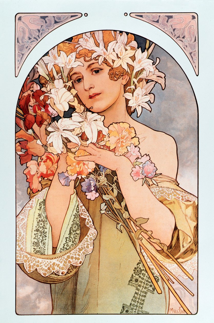 Poster de Alphonse Mucha (1860-1939), intitulado “A flor”, série de litografias sobre flores, 1897 - Poster de Alphonse Mucha: “A flor” da série flores, 1897 Dim 44x66 cm Coleção particular de Alphonse Mucha