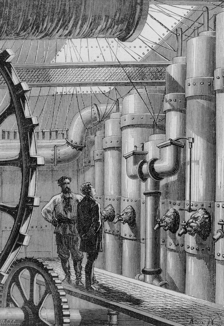 Capitão Nemo dentro do submarino Nautilus, de &39;20, 000 Léguas Submarinas &39;por Jules Verne (1828-1905) gravado por Henri Theophile Hildibrand (1824-97) 1877 de Alphonse Marie de Neuville