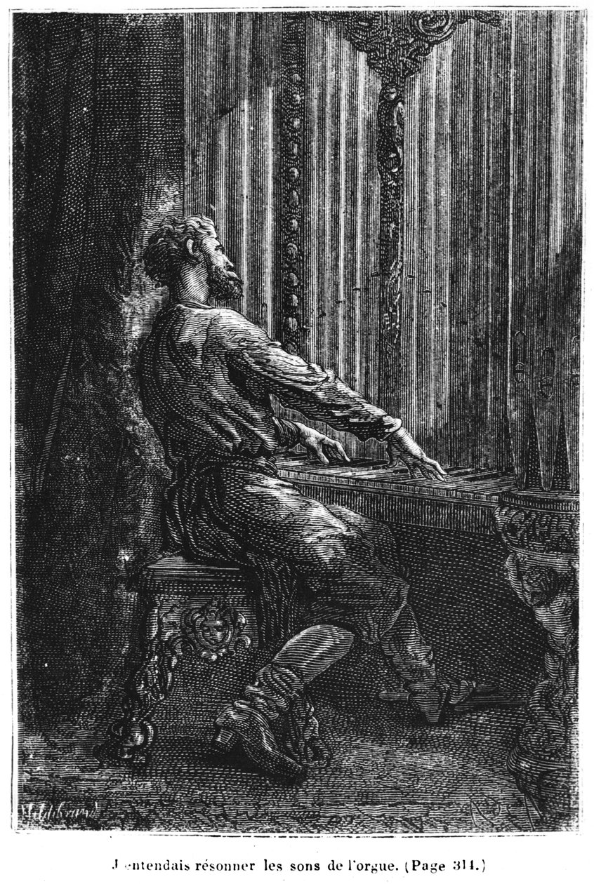 Capitão Nemo a tocar órgão, ilustração de &39;20, 000 Léguas Submarinas &39;de Jules Verne (1828-1905) gravado por Henri Theophile Hildibrand (1824-97) Paris, Hetzel, publicado em 1877 ( de Alphonse Marie de Neuville
