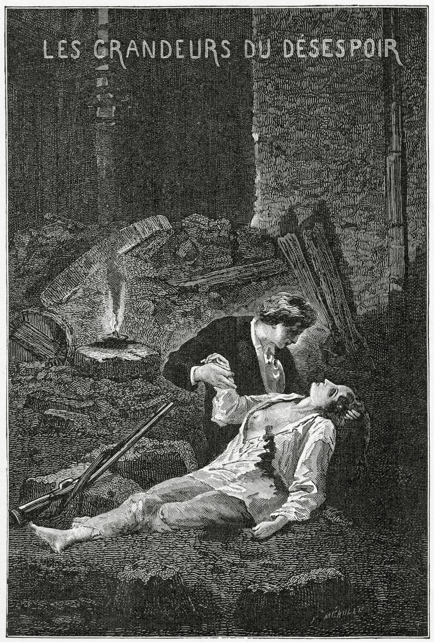Os pontos turísticos de desespero - ilustração de Les Miserables, século XIX (gravura bw) de Alphonse Marie de Neuville