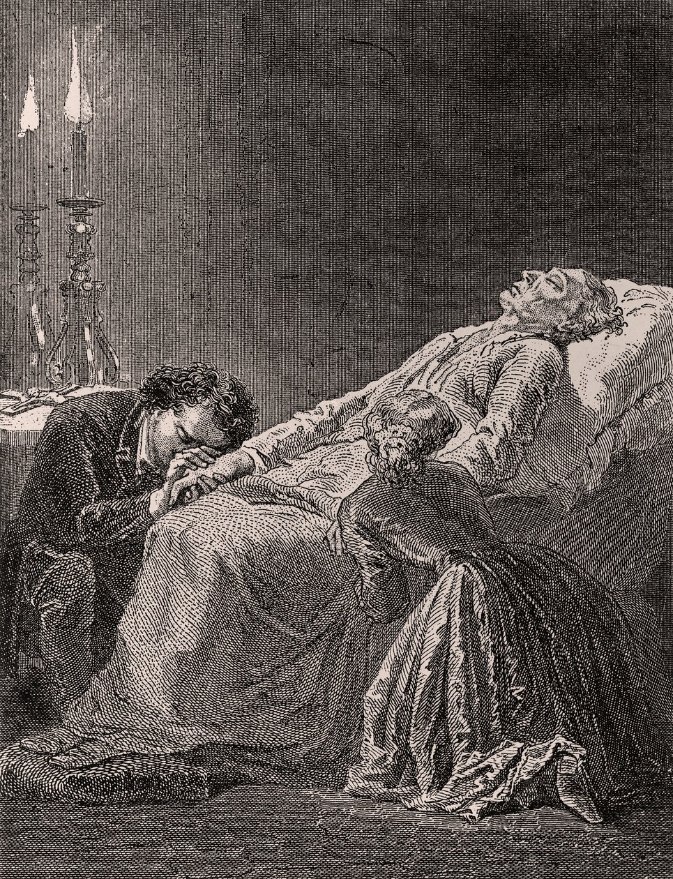 Morte de Jean Valjean entre Cosette e Marius - ilustração de Les Miserables, século XIX (gravura bw) de Alphonse Marie de Neuville