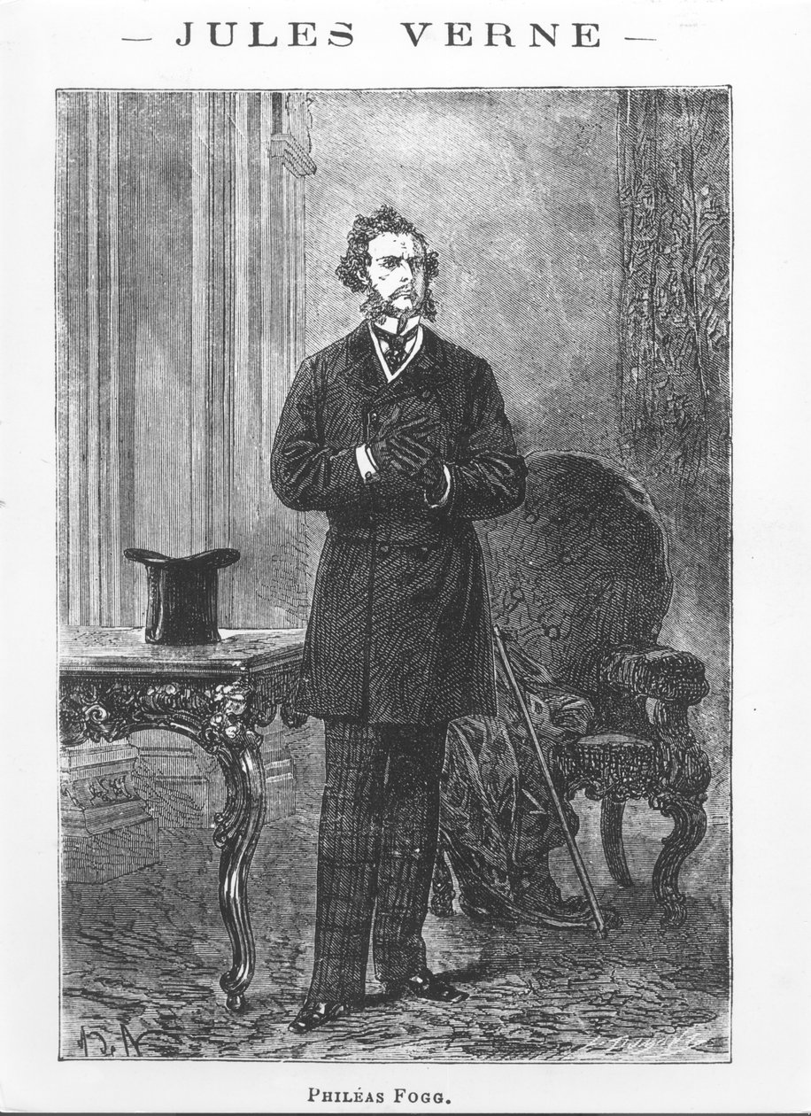 Retrato de Phileas Fogg, ilustração de &39;Ao redor do mundo em oitenta dias&39; por Jules Verne (1828-1905) gravado por Louis Dumont (n.1822) de Alphonse Marie de Neuville