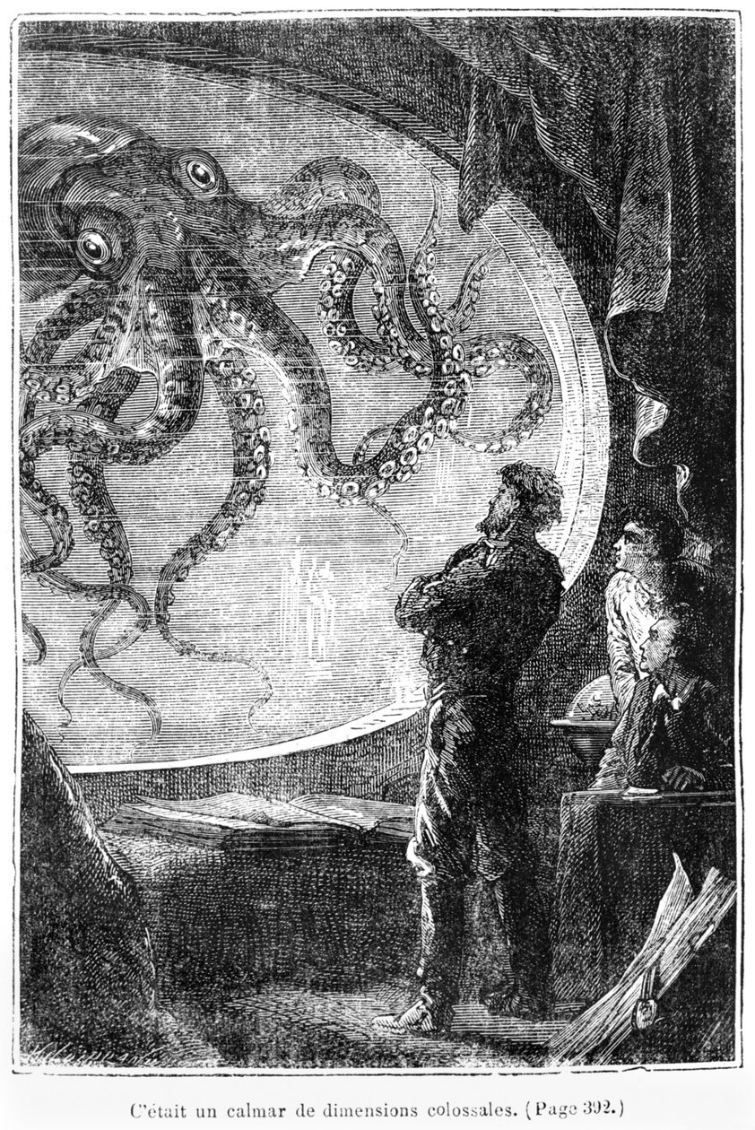 Os Nautilus Passageiros, ilustração de &39;20, 000 Leagues Under the Sea &39;por Jules Verne (1828-1905) gravado por Henri Theophile Hildibrand (1824-97) Paris, Hetzel, publicado em 1877 (bw pho de Alphonse Marie de Neuville