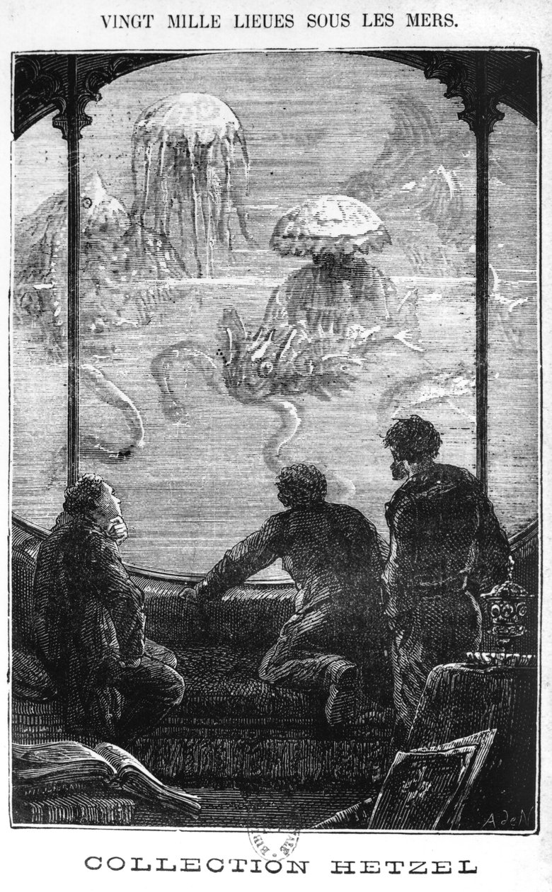 Os Nautilus Passageiros, ilustração de &39;20, 000 Léguas Submarinas &39;por Jules Verne (1828-1905) gravado por Henri Theophile Hildibrand (1824-97) Paris, Hetzel de Alphonse Marie de Neuville