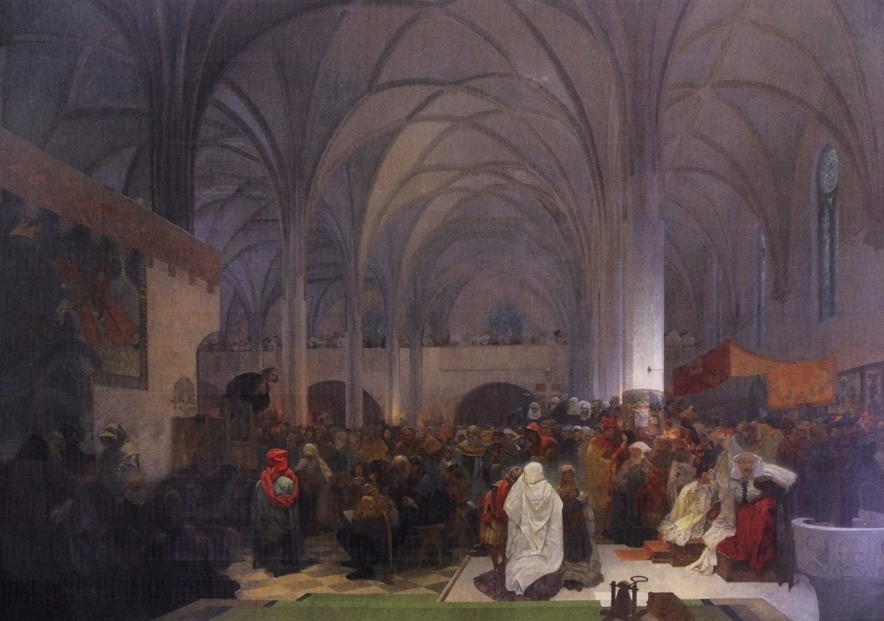 Kazani Mistra Jana Husa v kapli Betlemske: Pravda vitezinEnglish: Mestre Jan Hus Pregação na Capela de Belém: A verdade Prevailsn de Alphonse Mucha