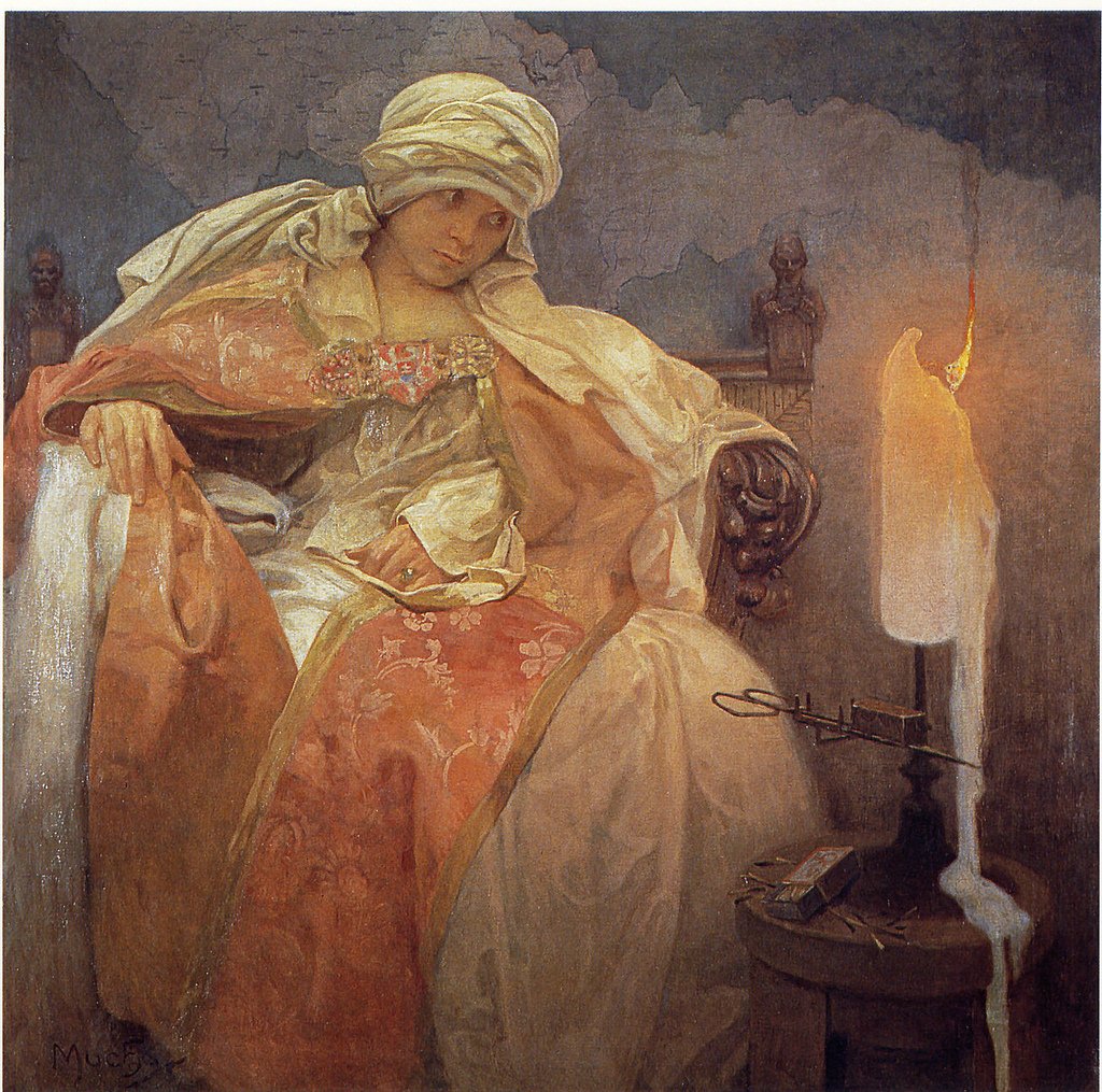 Mulher, com, um, queimadura, candlen de Alphonse Mucha