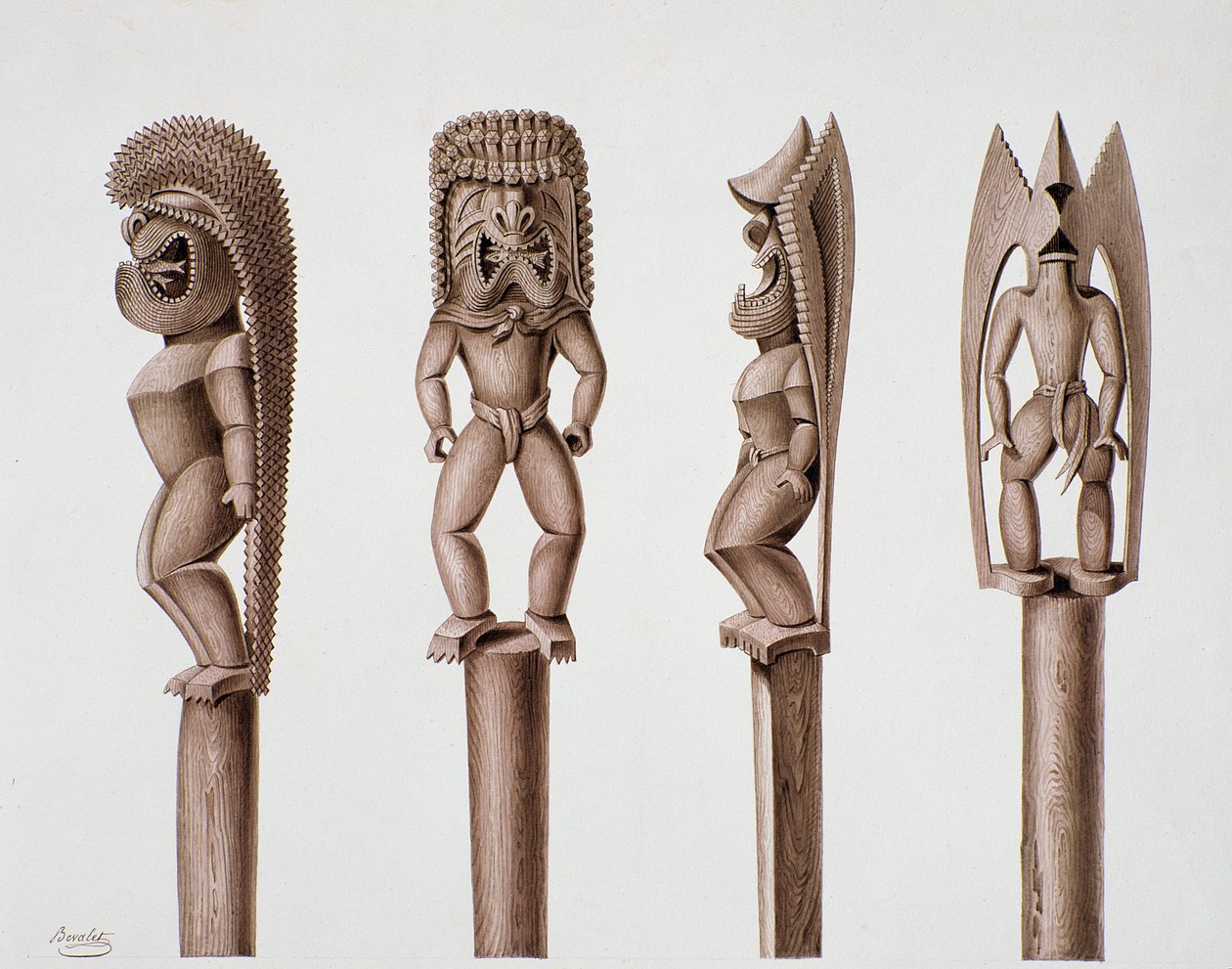 Figuras das Ilhas Sandwich, c.1824 (tinta e lavagem marrom) de Alphonse Pellion