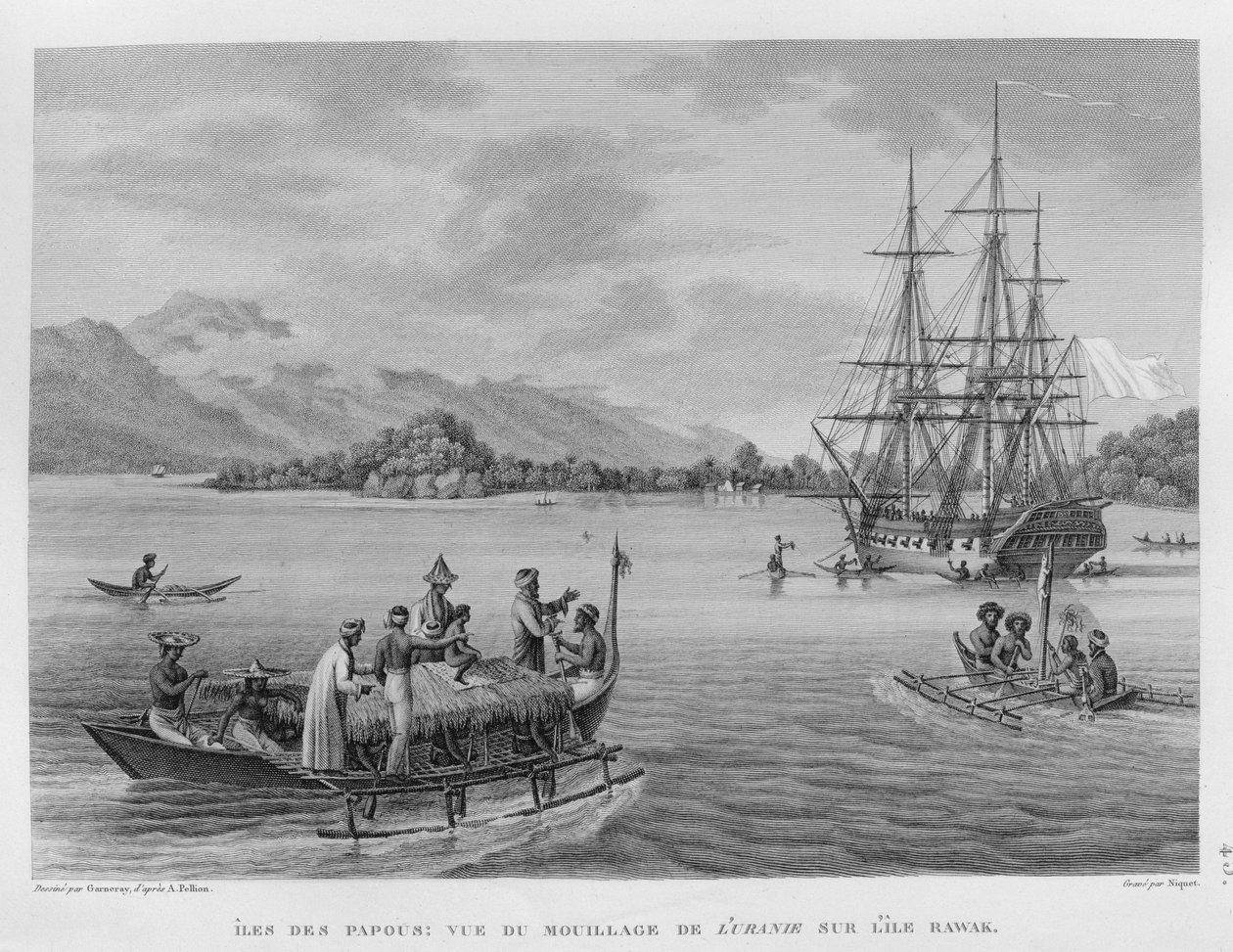 As Ilhas Papuas: Vista da &39;Urânia&39; Atracada pela Ilha de Rawak, de &39;Viagem ao Redor do Mundo em Corvetas da Urânia 1817-20&39; gravada por Niquet, publicada em 1825 de Alphonse Pellion
