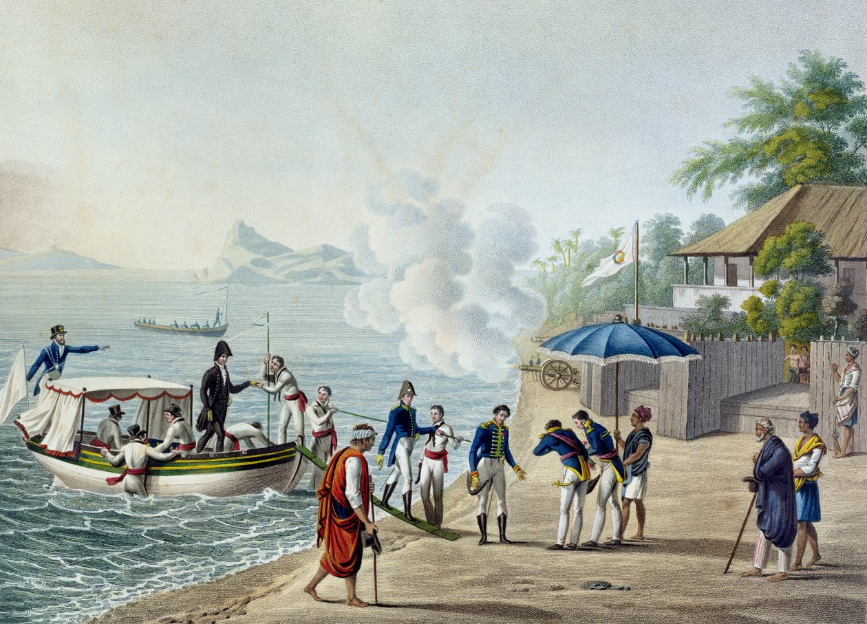 Vista do nosso primeiro desembarque no estabelecimento Português em Dille, Timor, de &39;Voyage Autour du Monde les Corvettes de L&39;Uranie 1817-20&39; gravado por Lerouge e Forget, publicado em 1825 (gravura de Alphonse Pellion