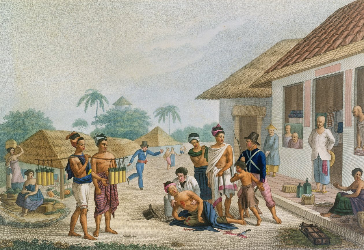 Vista do bazar em Coupang, Timor, de &39;viagem ao redor do mundo em corvetas de Urania 1817-20&39; gravado por Pomel, publicado em 1825 de Alphonse Pellion