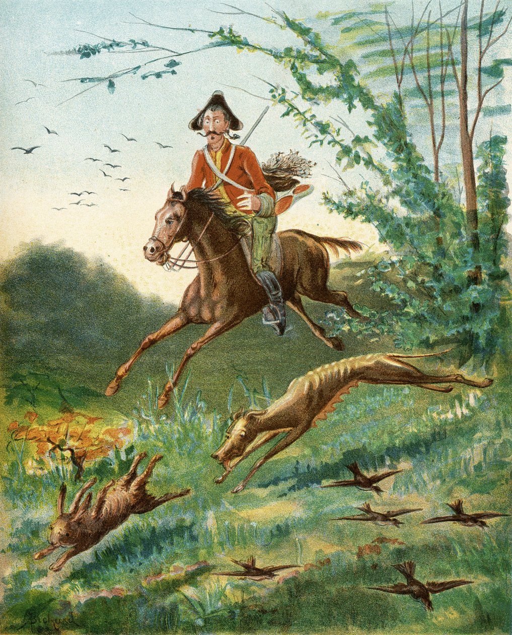 Anedota da lebre com oito pernas, de "As Aventuras do Barão de Munchausen" por Rudolf Erich Raspe (1736-94) publicado em 1888 (cor lito) de Alphonse Adolphe Bichard