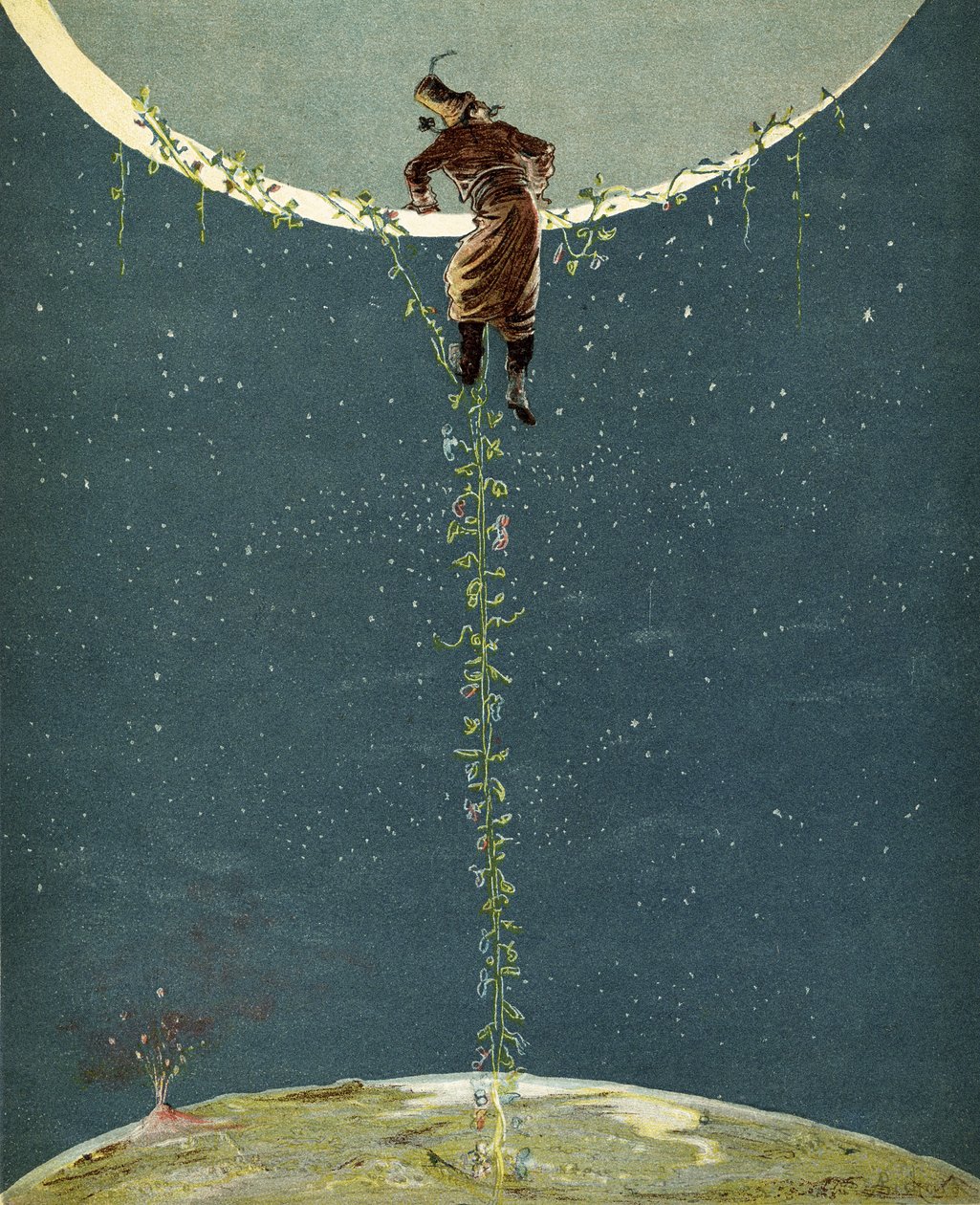 Barão Munchausen sobe até a lua por meio de uma planta de feijão de peru, de "As aventuras do Barão Munchausen" por Rudolf Erich Raspe (1736-94) publicado c.1886 de Alphonse Adolphe Bichard