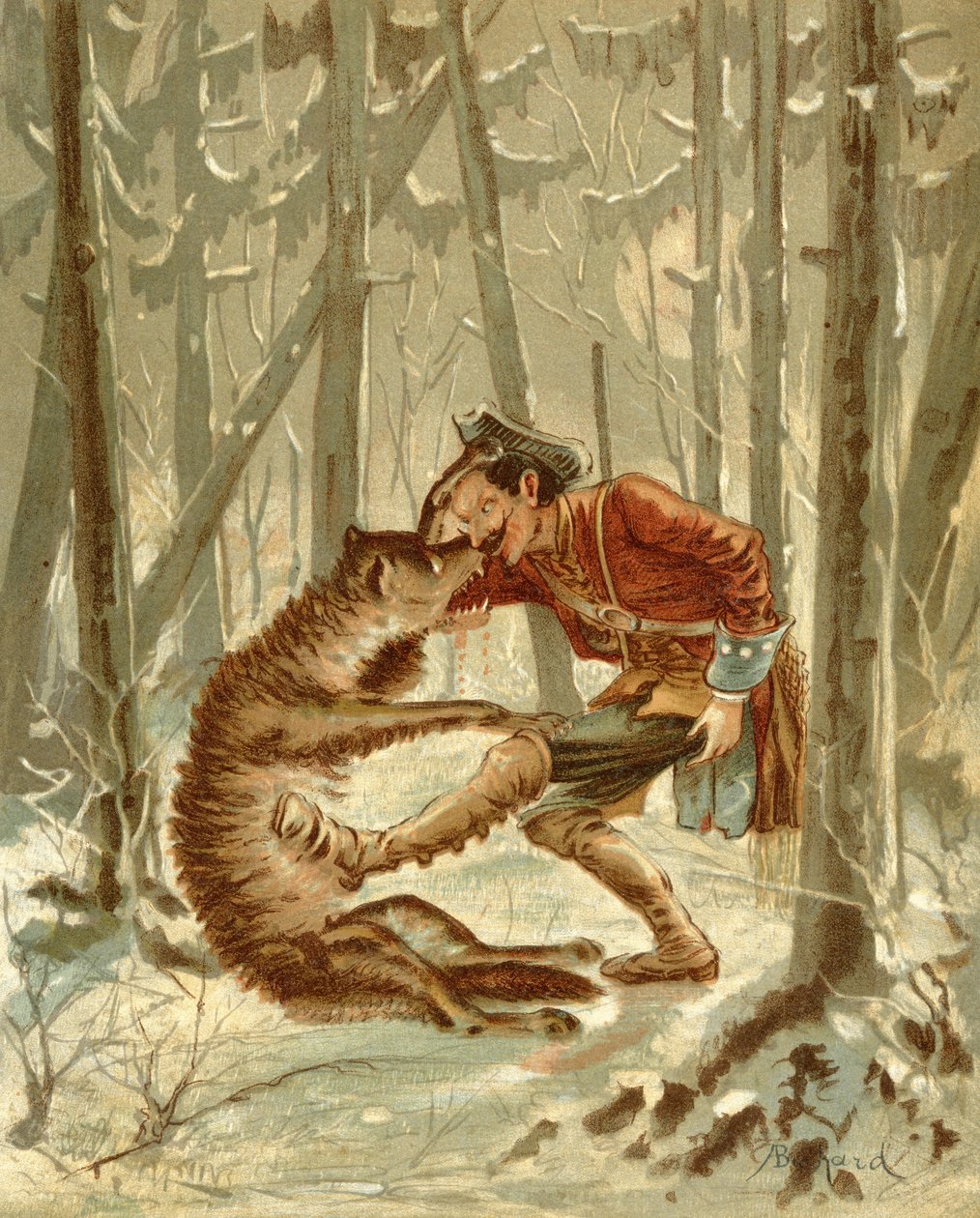 O encontro do Barão Munchausen com um lobo, de "As Aventuras do Barão Munchausen" de Rudolf Erich Raspe (1736-94) publicado c.1886 (cor litho) de Alphonse Adolphe Bichard