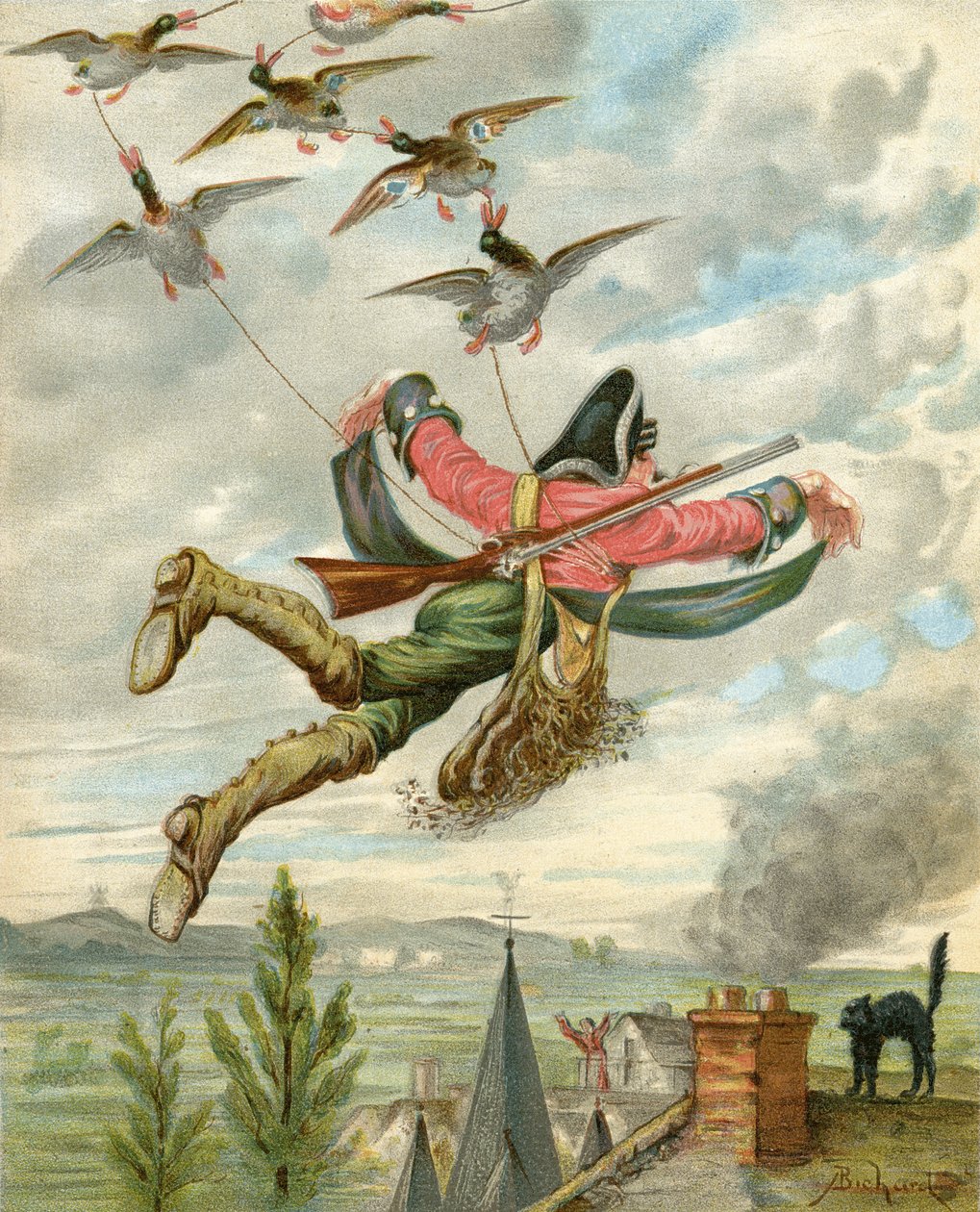 Levantado da terra pelos patos, de "As Aventuras do Barão Munchausen" de Rudolf Erich Raspe (1736-94) publicado c.1886 (cor litho) de Alphonse Adolphe Bichard